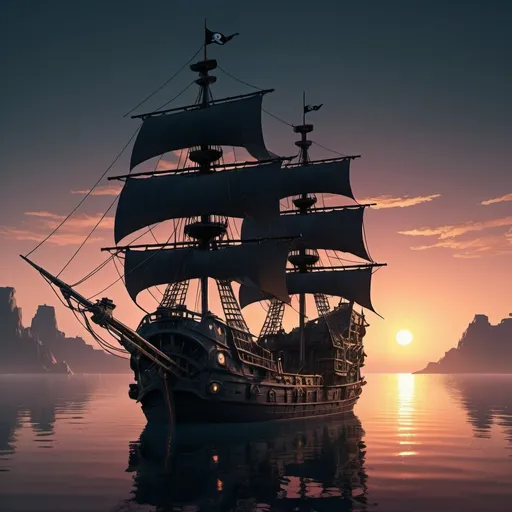 Prompt: Anime cyberpunk style, pirate ship on open water calm sunrise, highly detailed, HD, dark background