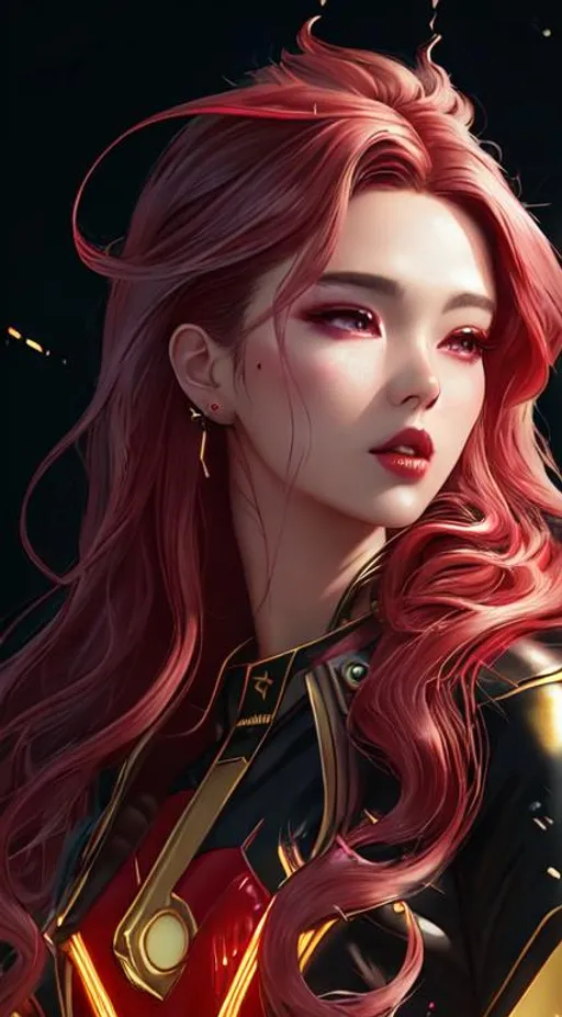 Prompt: matte portrait of a kpop star with big doe glittery eyes, reddish lips, golden ratio face, balayage  wild hair, windy aura ,dragon themed ultra high detailed ,royalcore, cyberpunk , backlit, glamorous sky, soft lighting, splash art by greg rutkowski, ultra high HD, 