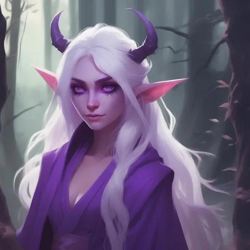 Prompt: dnd a cute purple female demon with long messy white hair and silver eyes wearing purple and white robes in a pretty forest