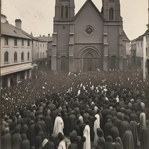 Prompt: religious crowd in front of a church 1900
