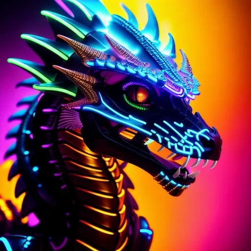 Portrait Of A Roaring Neon Skeleton Dragon With Fang