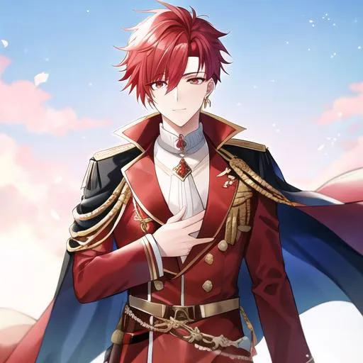 Prompt: Zerif male (Red half-shaved hair covering his right eye) 4k, wearing a royal uniform, hand over his chest, bowing