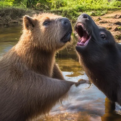 Prompt:  Capybaras saying good bye to shimba inu 