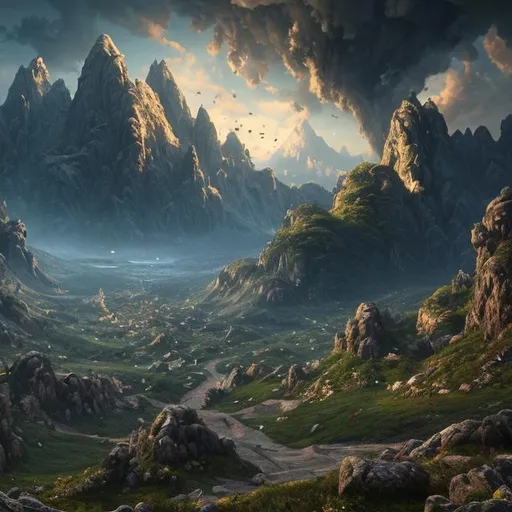 Prompt: cinematic composition, hyper realistic, highly detailed, concept art, dynamic range, depth of field, wide mountain pass with towering peaks on either side