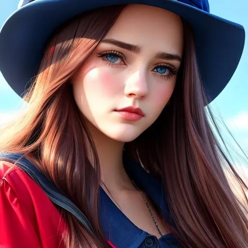 Prompt: Sad Rosie. The saddest woman ever, pretty, sad blue eyes, long hair, stylish clothes, red hat, facial closeup