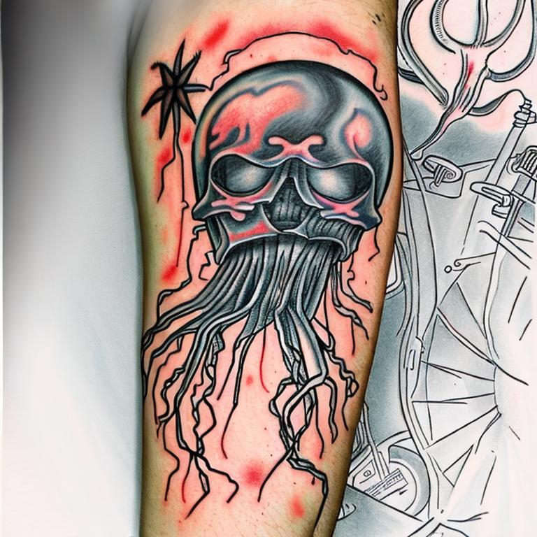 Evil dead jellyfish with motorcycle helmet tattoo dr... OpenArt
