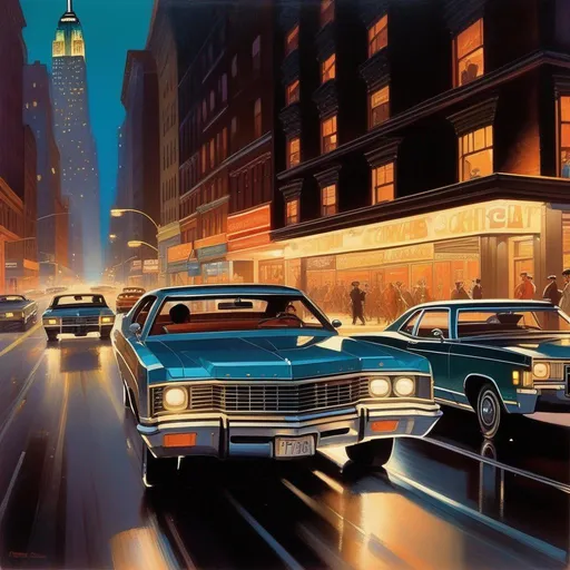 Prompt: 1970s, New York City at night, car chase, warm atmosphere, cartoony style, extremely detailed painting by Greg Rutkowski and by Henry Justice Ford and by Steve Henderson