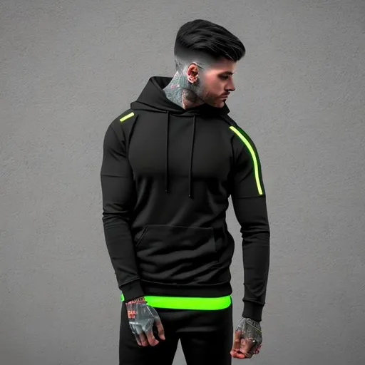 Prompt: Futuristic hyper black hoodie with neon stipes hanged on a white wall