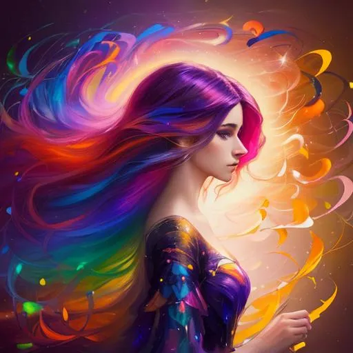 Prompt: A beautiful, mysterious and colourful woman with magical hair in a painted in the style of Leonid Afermov's paintings profile picture