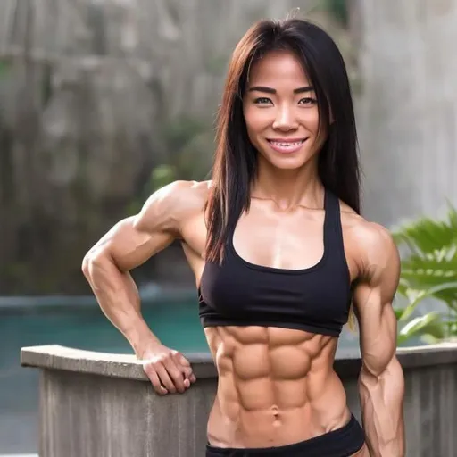 Prompt: strong Asian female with 6 pack abs in bikini
