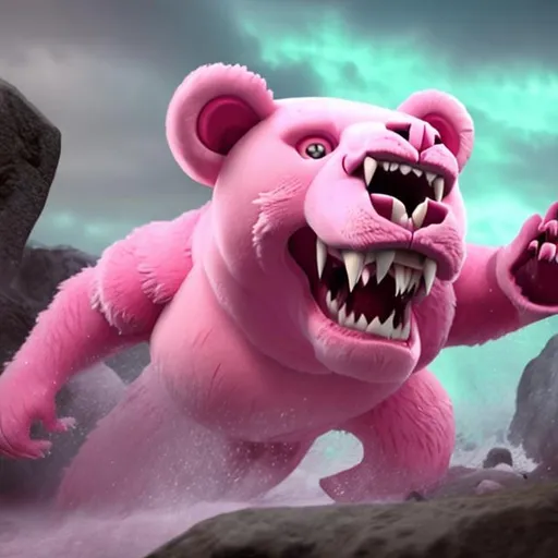 Prompt: Pink Bear, Wild, Foaming at Mouth, Roar, Demon Rage Mode Anger, Prophecy of Revelation, Anger Point, Max Attack Stat