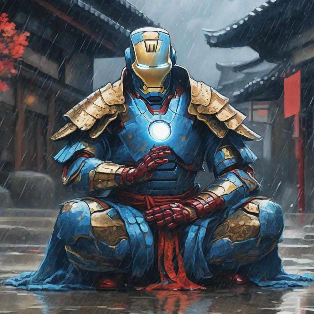 iron man wearing samurai armor meditating position spiritual energy blue energy sitting on knees