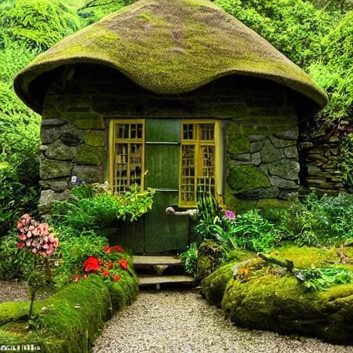 Prompt: A stone, moss covered cottage with a thatched roof on a dark forest path the windows are lit showing the great many flowers all around there is a small pond with fish jumping from the water to catch flies buzzing over the water in the style of Thomas Kincaid




 












