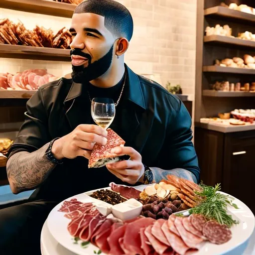 Prompt: Drake eats charcuterie 