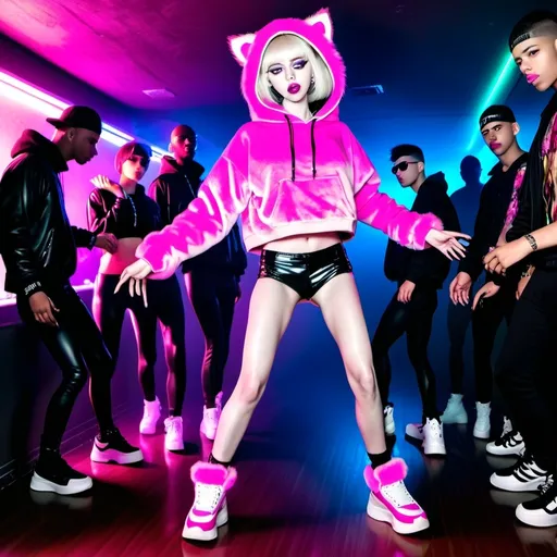 Prompt: the full body of a skinny femboy with big eyes and an open mouth, head tilted back, pale skin, wearing pink lipstick, dressed in a cropped furry hoodie and shiny rave clothes and chunky plateau sneakers, dancing in a club, between well-built young men in techno clothes