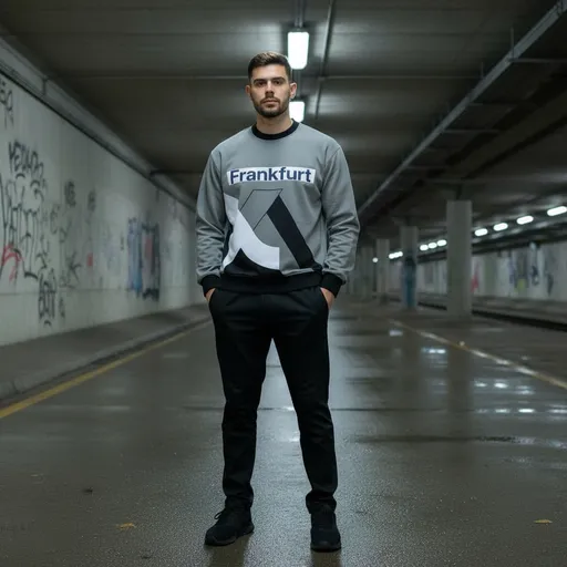 Prompt: The "Frankfurt"-text should be in black letters. Maintaine the exact face and hair but let him stand in an underpass. Show him fully (with shoes and trousers)