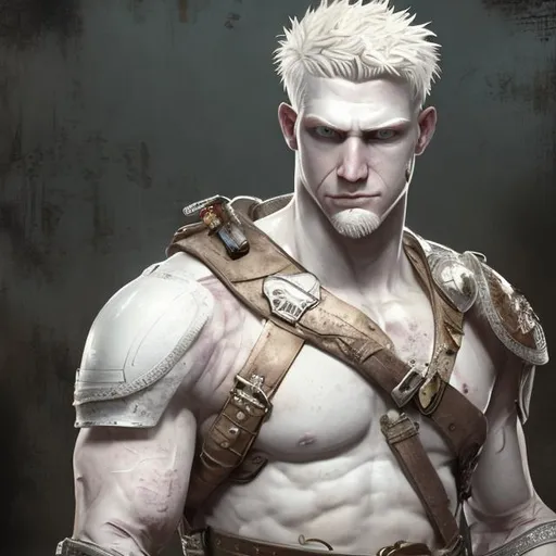 Prompt: male,albino,warrior,30-year-old,mercenary,very short hair,medieval,tough,handsome,white hair,the slightest stubble,leather armor,healed scars,grinning menacingly,pale skin,halfbody picture