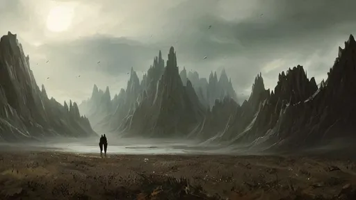 Prompt: fantasy concept art by greg rutkowski, hooded figure in the  foreground looks out over bog with jagged mountains in the background and a mysterious cave entrance, ominous sky, fog, Scotland, rock outcroppings,  gestural oil painting style, backlit, cinematographic morning light, artstation hq, 