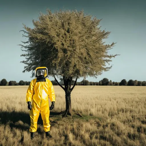 Prompt: Guy in a hazmat suit at a single tree In a field at day 