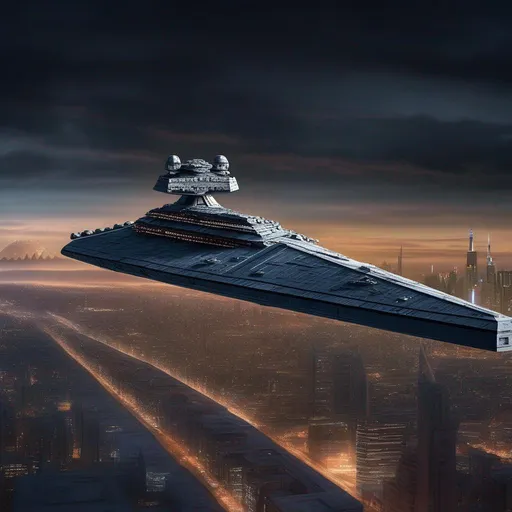 Prompt: A Star Destroyer from Star Wars movies, above the city, Hyperrealistic, sharp focus, Professional, UHD, HDR, 8K, Render, electronic, dramatic, vivid, pressure, stress, nervous vibe, loud, tension, traumatic, dark, cataclysmic, violent, fighting, Epic