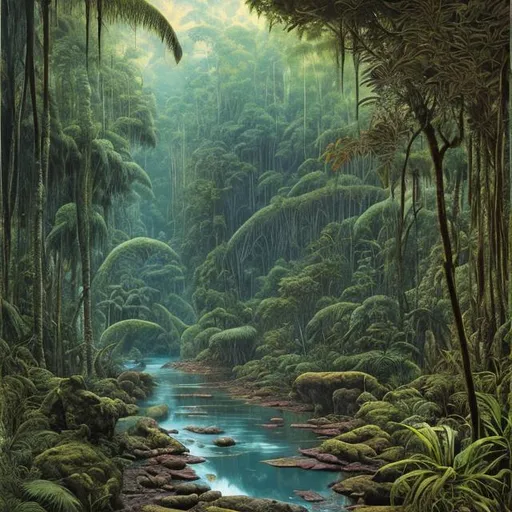 Prompt: Landscape painting, lush and dark jungle, a wild slow river with rocky bed, dull colors, danger, fantasy art, by Hiro Isono, by Luigi Spano, by John Stephens