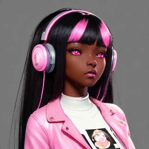 Prompt: Gorgeous Girl, black skin, Black Hair, Bangs, Headphones, Pink Hair, Long hair, Extremely Detailed, Sharp, Masterpiece, Skinny, Character Portrait, Looking Away Camera, Symmetrical, Soft Lighting, Cute Big Circular Reflective Eyes, Pixar Render, Unreal Engine Cinematic Smooth, Intricate Detail, anime Character Design, Unreal Engine, Vintage Photography, Beautiful, Tumblr Aesthetic, Retro Vintage Style, Hd Photography, Hyperrealism, Beautiful Watercolor Painting, Realistic, Detailed, Painting By Olga Shvartsur, Svetlana Novikova, Fine Art, Soft Watercolor, Gaming setup. white smile, 
