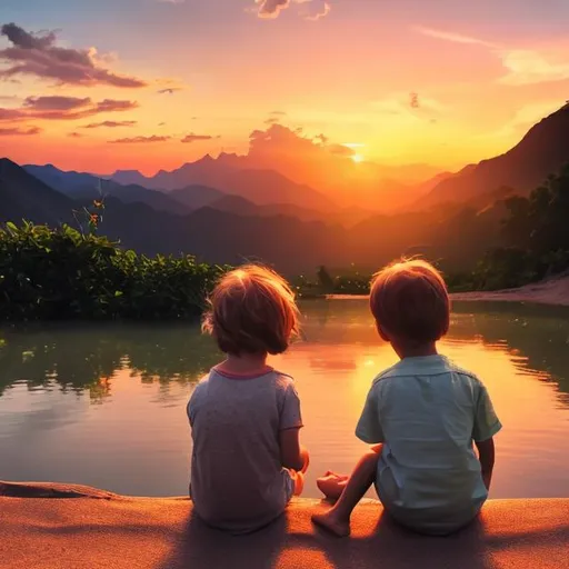 Prompt: Create a boy and girl looking at the sunset in a beach, mountains and road