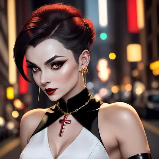 Prompt: Female vampire that looks like a cross between Audrey Hepburn and Harley Quinn, Clan Tremere, beautiful face, she is completely {{bald}}, she has no hair, she is wearing a sleeveless white vicuna suit, she is wearing gold and onyx earrings, vampire the masquerade, red makeup, detailed symmetrical face, city at night style background, well lit by street lights, vampire, real, alive, real skin textures,