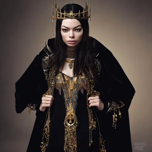 Prompt: miranda cosgrave, detailed face, beautidul face, queen, gold crown, black robe, gold jewelry, skinny body, thin body, anorexic body, thin face, feminine