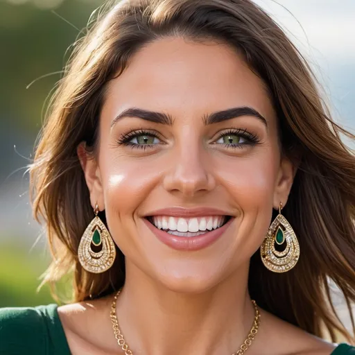 Prompt: beautiful Latina lady in her middle 30s, big smile almost perfect teeth, green eyes, brown middle hair, full lips, minimalist jewelry, upper body, earrings, outdoors, light makeup, hyperdetailed photography, soft light, head and shoulders portrait, realism, realistic, raw, analog, portrait, photorealistic, analog, realism, cover