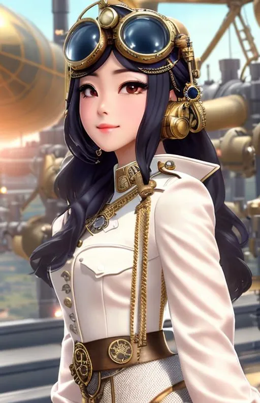 Prompt: Steampunk kpop idol captain, wearing military uniform dress on an airship, staring at the sky, at table filled with maps and brass tools, 4k, trending on artstation, pixiv, perfect detailed, brass gears, tiny drones fixing the ship, masterpiece, bright colors, Sunny, Daylight