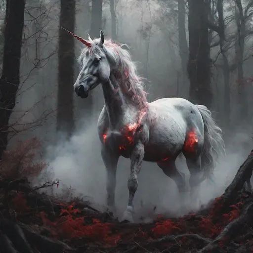 Prompt: unicorn melting into smoke, bright red eyes, surrounded by dark forest, delicate, menacing, smoky, foggy, hyper realistic, photo realistic, beautifully detailed 