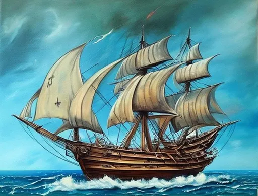 Prompt: Change this painting to a pirate sailing ship. Keep same style as the painting. Remove unsharp parts