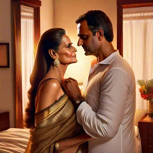 Prompt: hyperREALISTIC high res detailed imagination of Sonia Gandhi making love in morning barely clothed to uncovered Rahul Gandhi post hot night in bed, her family picture frame on wall
