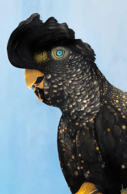 Prompt: Glossy portrait of a red tailed black with yellow spots cockatoo. Art by  Victo Ngai, Sherry Akrami,   Nicoletta Ceccoli, Anna Dittman, Lucie Bilodeau, Laura Diehl, Remedios Varo, Paul Delaroche,  Sergio di lorio, highly detailed, sharp focus, ethereal, fantastic view, dreamy, Epic, celestial, sparkling, glossy, light emitting,  inner light.