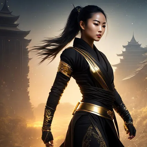Prompt: create best quality photograph of beautiful female ninja who is wearing gold and black ninja style robes, night time and beautiful sky as background, detailed face, extremely detailed environment, extremely detailed background, extremely detailed skin, extremely detailed clothing, natural colors , professionally color graded, photorealism, 8k, realistic, moody lighting, galactic environment, volumetric lighting