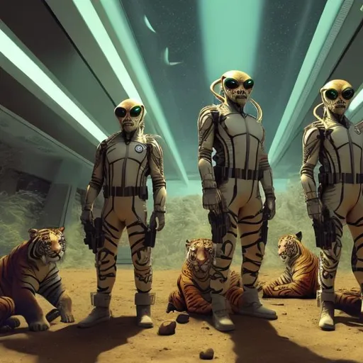 Prompt: tiger security guards in a busy alien bank, widescreen, infinity vanishing point, surprise me