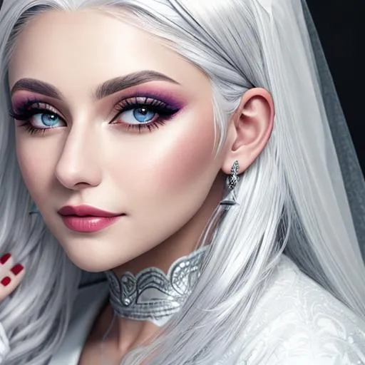Prompt: Woman  with silver hair, wearing white with a hair covering, wearing pretty makeup, facial closeup