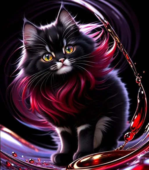 Prompt: surreal puffy liquid red gold silver jade (Beautiful {Furry!!! Persian}kitten plasma, Beautiful big reflective eyes, long flowing hair), hyper realistic, expansive psychedelic background, hyper realistic, 8K --s99500