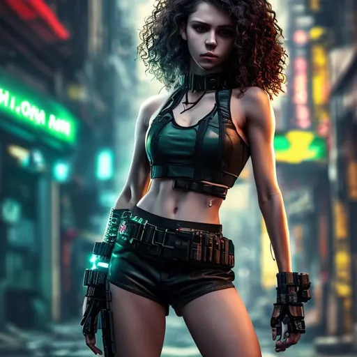 Prompt: 4k high resolution photo cyberpunk style, full body image, petite European female, middle age, green eyes, red and curly hair, thick overall body build, with small chest, bare belly and low cut black halter top,  tight black shorts with ammo belt