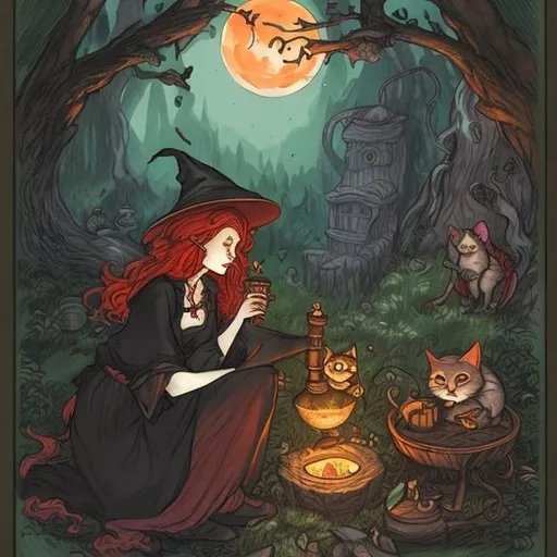 Prompt: A red-headed witch brewing a potion in the forest under the moon next to a cat.

