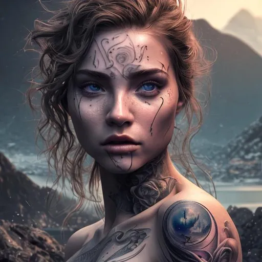 Prompt: ((Hyper realistic/cinematic/masterpiece/8K/UHD/Extremely detailed)) 
Woman, goddess, upperbody shot, riverside, mountains, night, moonlight, 3D illustrator, detailed body, detailed face, tattooed body, wavy hair, gorgeous.