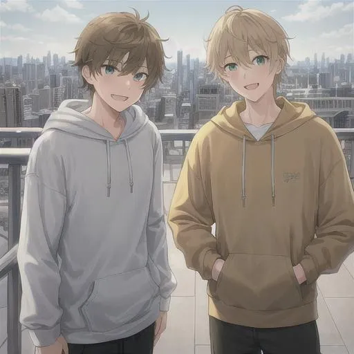 Prompt: 1man, {{{masterpiece, masterful}}}, full body, highres, {light brown/blonde hair},{ light green eyes}, , {short hair}, {{{casual clothes, hoodie, sweatpants}}}, smiling, laughing with a friend, futuristic city background, 