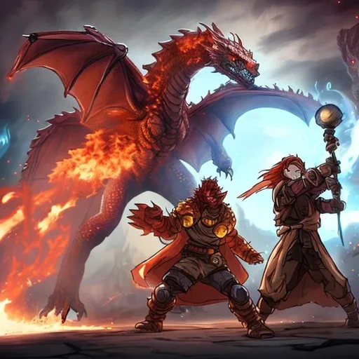 Prompt: a human pyromancer thats facing away from the camera is fighting a 1000 story tall dragon that is in the background