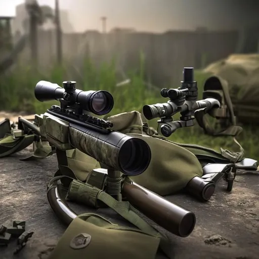 Prompt: A sniper with scope and night vision and long muzzle with compact dice shot shooting in mid air, crypic, glossy, realistic,  lighting 4x, xdz5
