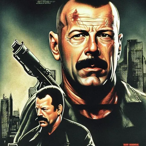 Prompt: john mclane with a thick mustache played by bruce willis with a thick mustache on an 80s style movie poster.