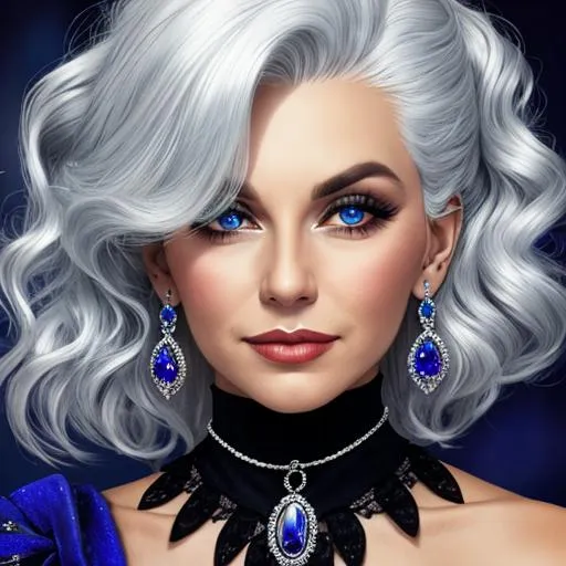 Prompt: A woman with silver hair, wearing sapphire jewelry 