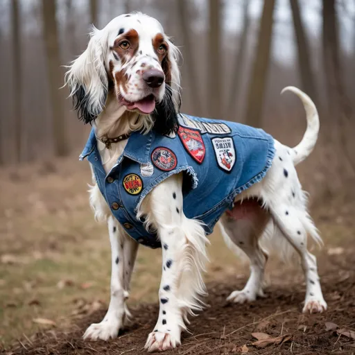 Prompt: English Setter wearing a heavy metal music denim vest with patches