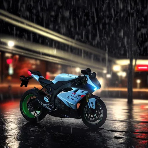 Prompt: photorealistic sportbike rainy night motion blur 
