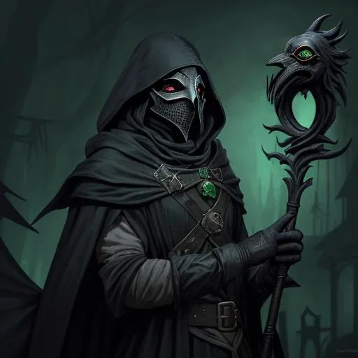 Prompt: Pestilence sorcerer with his face covered with a plague doctor mask. The sorcerer wields a wooden mage baton. The sorcerer has a green gas surrounding him.